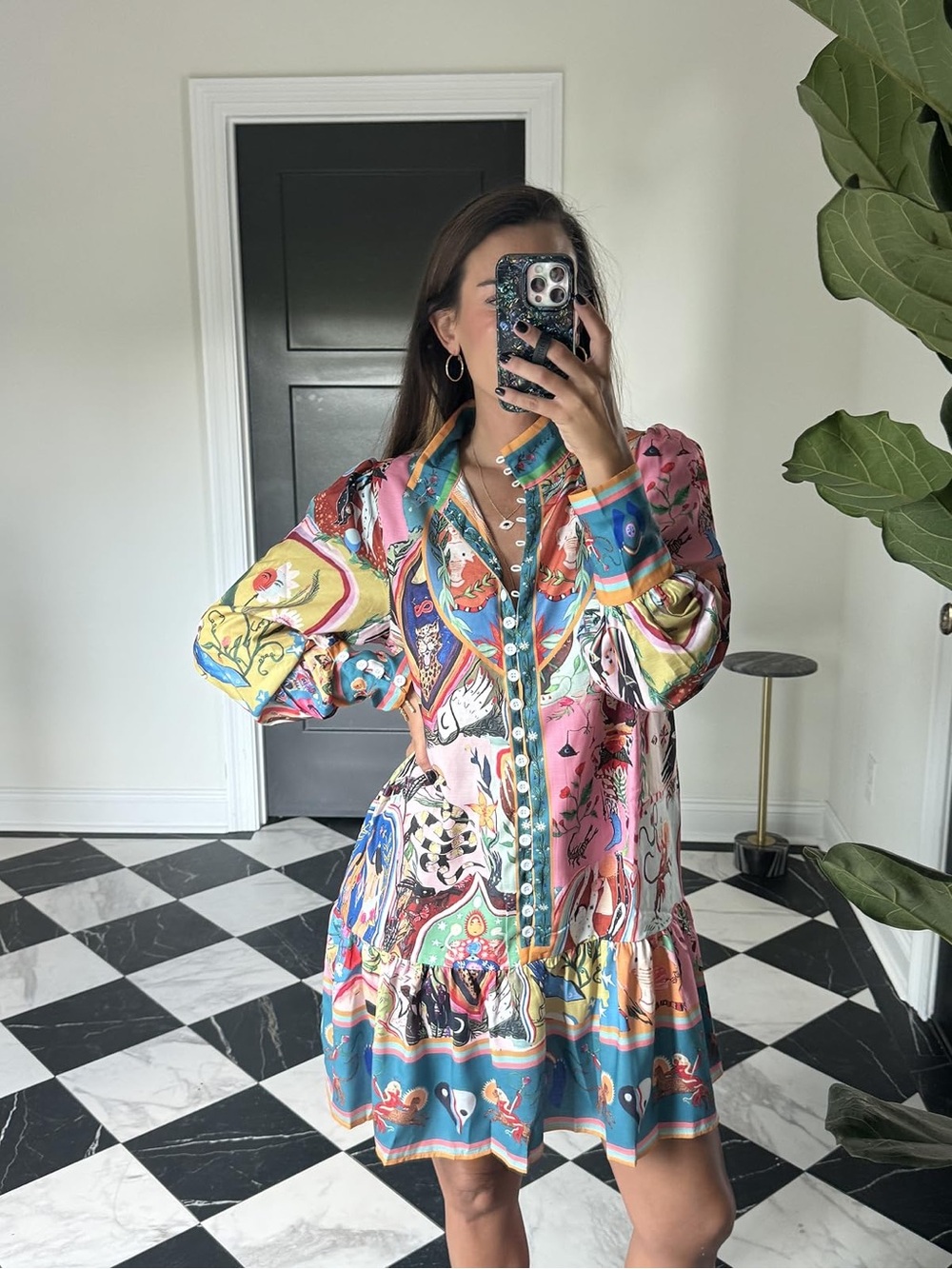Alemais Inspired Multicolor Pink Blue Yellow Printed Button-Front Mini Dress - Picture 1 of 2